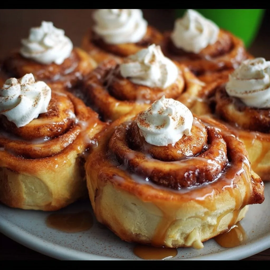 Peach Pie Cinnamon Rolls topped with glaze and fresh peaches