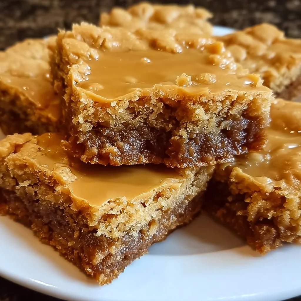 Delicious homemade Peanut Butter Lunch Lady Cookie Bars on a plate.