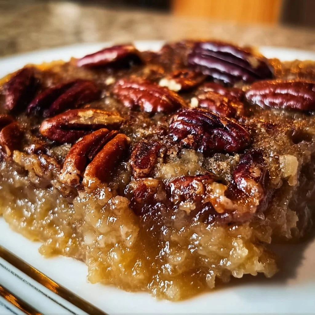 Pecan Pie Dump Cake topped with pecans and caramel sauce served in a dish.