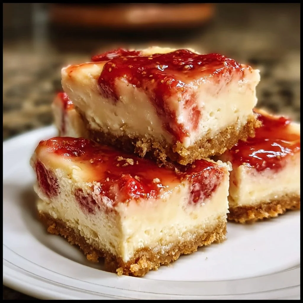 Delicious Philadelphia Strawberry Cheesecake Bars topped with fresh strawberries