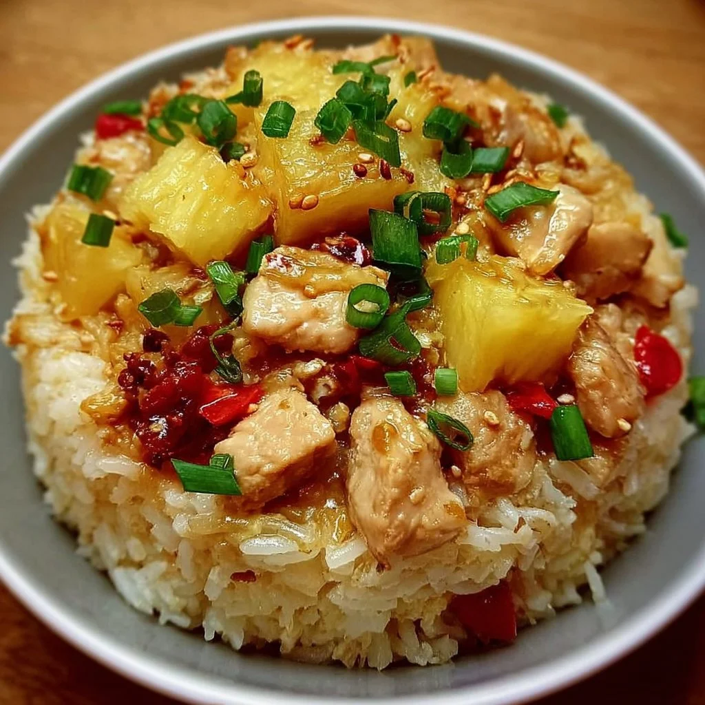Delicious Pineapple Chicken served over fluffy rice with colorful vegetables.