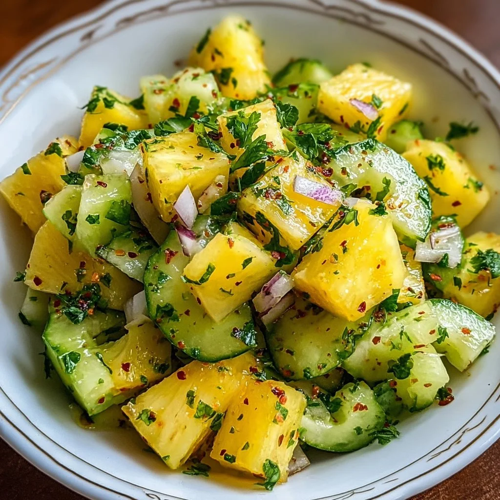 A vibrant Pineapple Cucumber Salad served in a bowl, showcasing fresh ingredients.