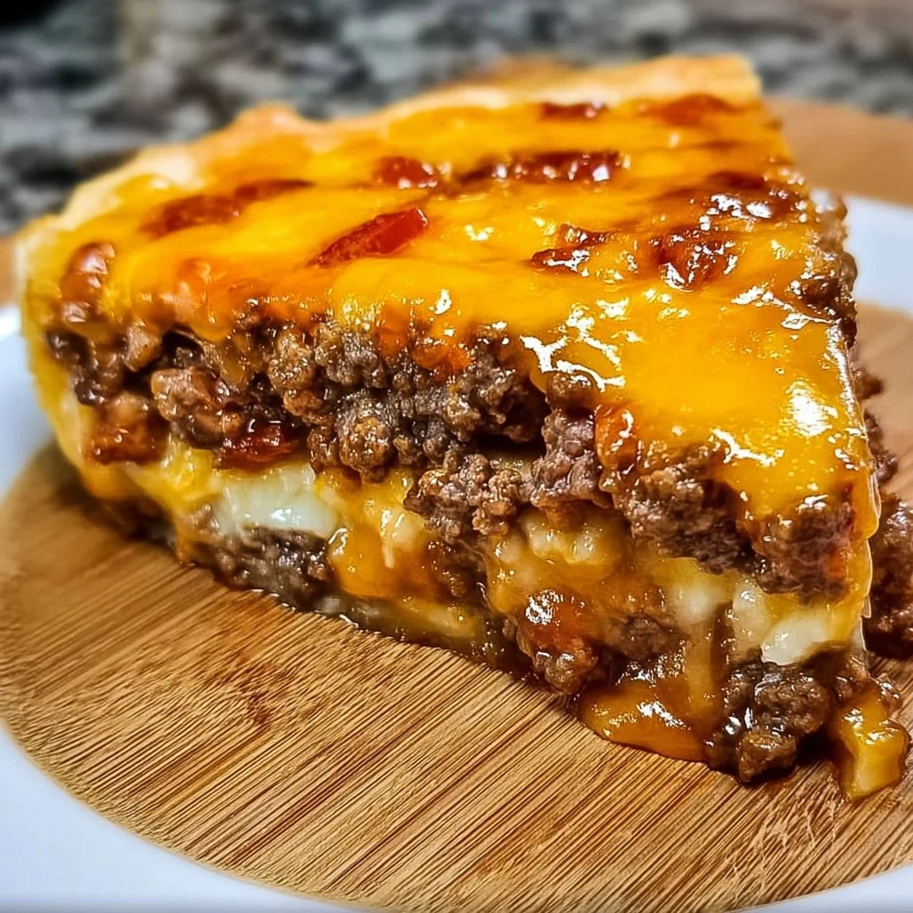 Delicious Pioneer Woman cheeseburger pie served in a pie dish.