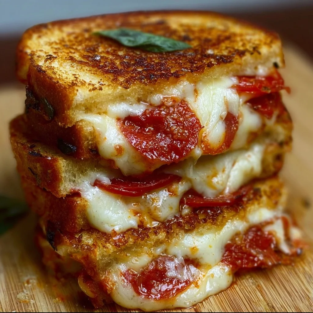 Pizza Grilled Cheese Sandwich with melted cheese and pepperoni