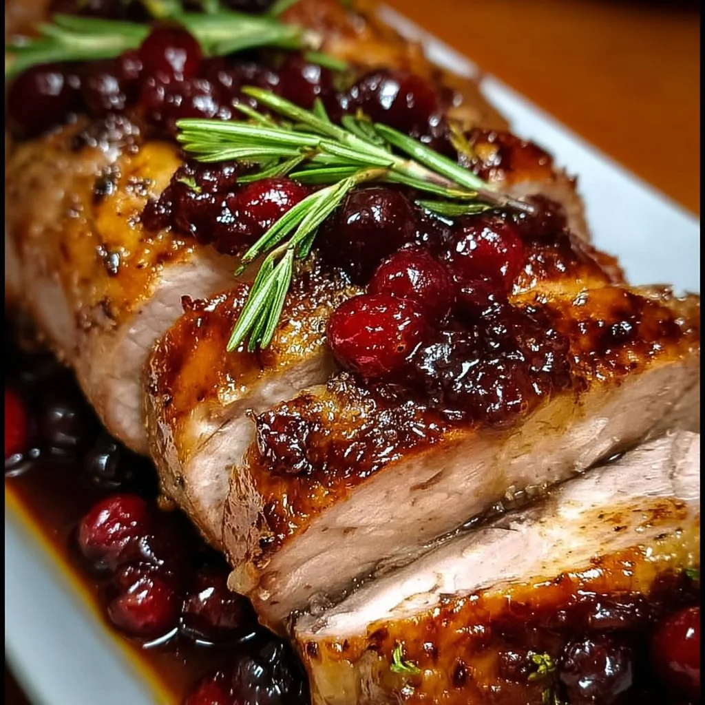 Juicy pork loin topped with cranberry-Dijon sauce and apple cider glaze