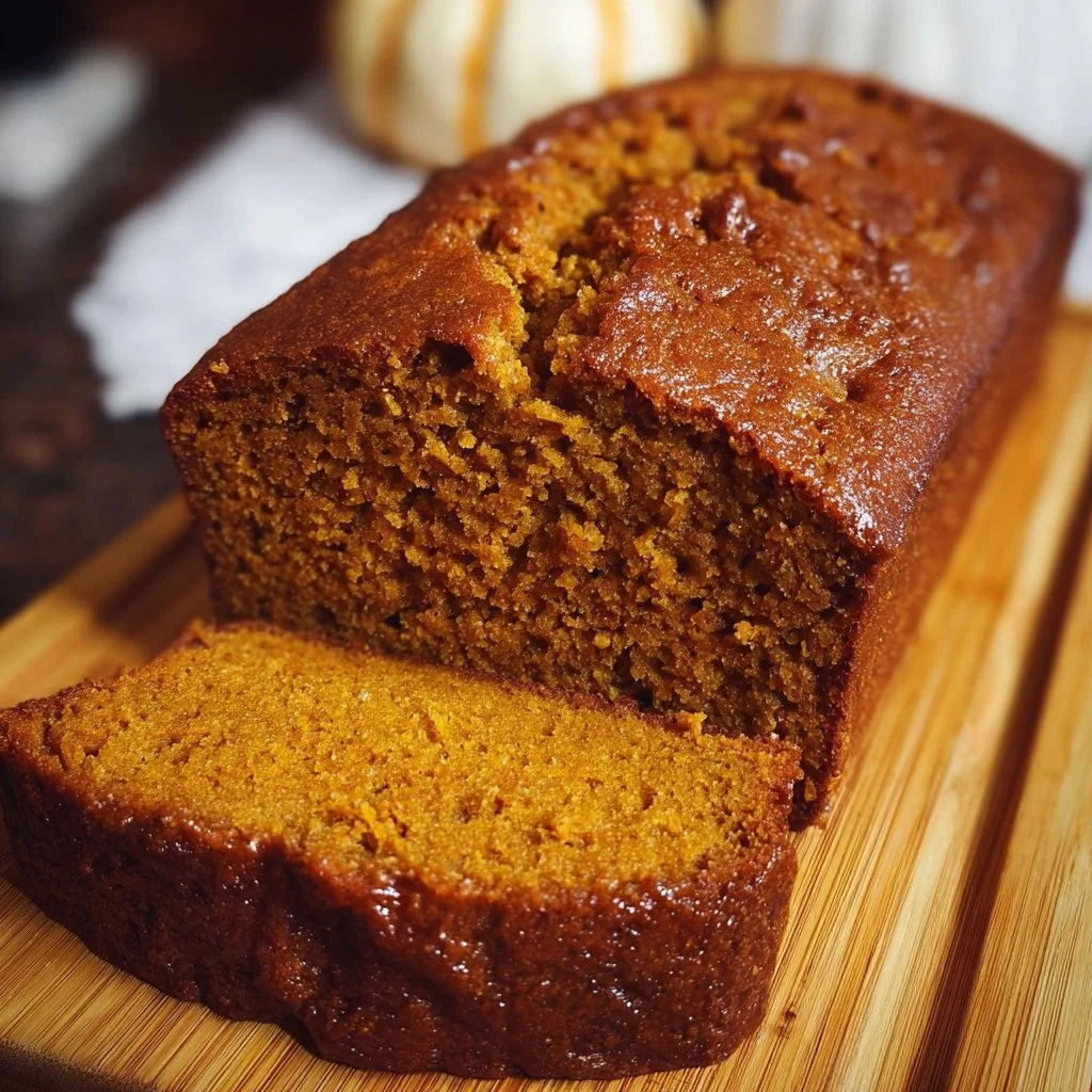 Delicious homemade pumpkin bread fresh out of the oven with a slice cut.