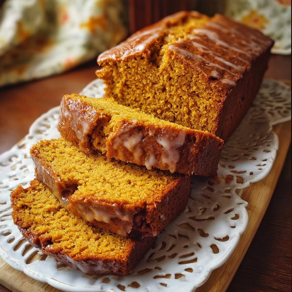 Homemade pumpkin bread with spices and pumpkin puree, served on a wooden table