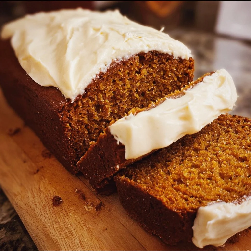 Slice of pumpkin bread with cream cheese frosting on a wooden table