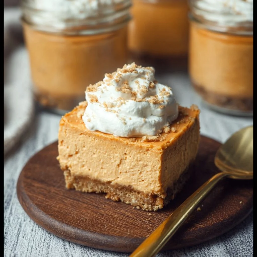 Delicious pumpkin cheesecake dessert topped with whipped cream and pumpkin spice