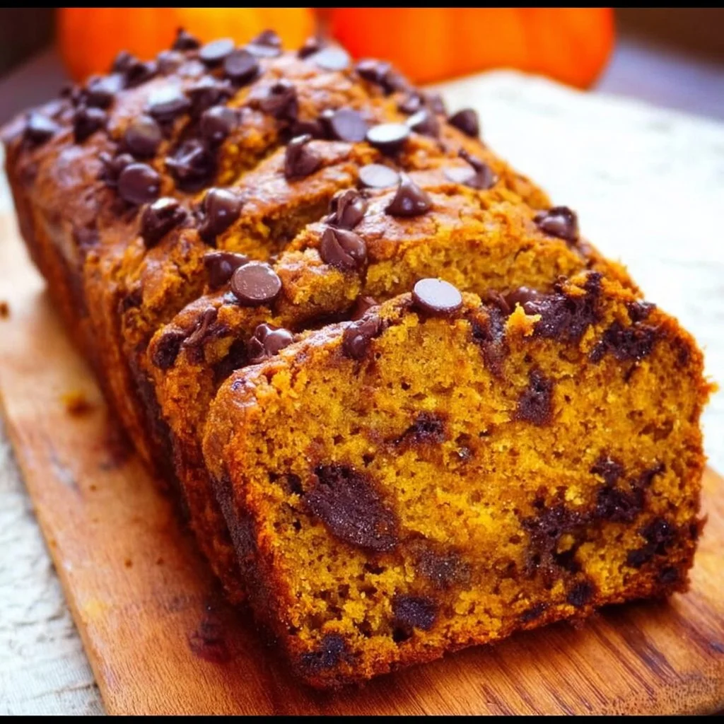 Sliced pumpkin chocolate chip bread on a wooden table with autumn leaves