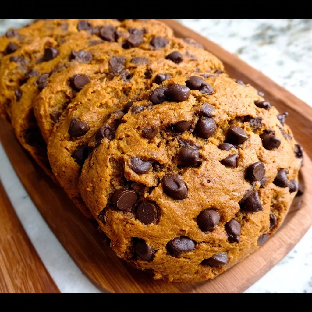 Slice of homemade pumpkin chocolate chip bread on a plate