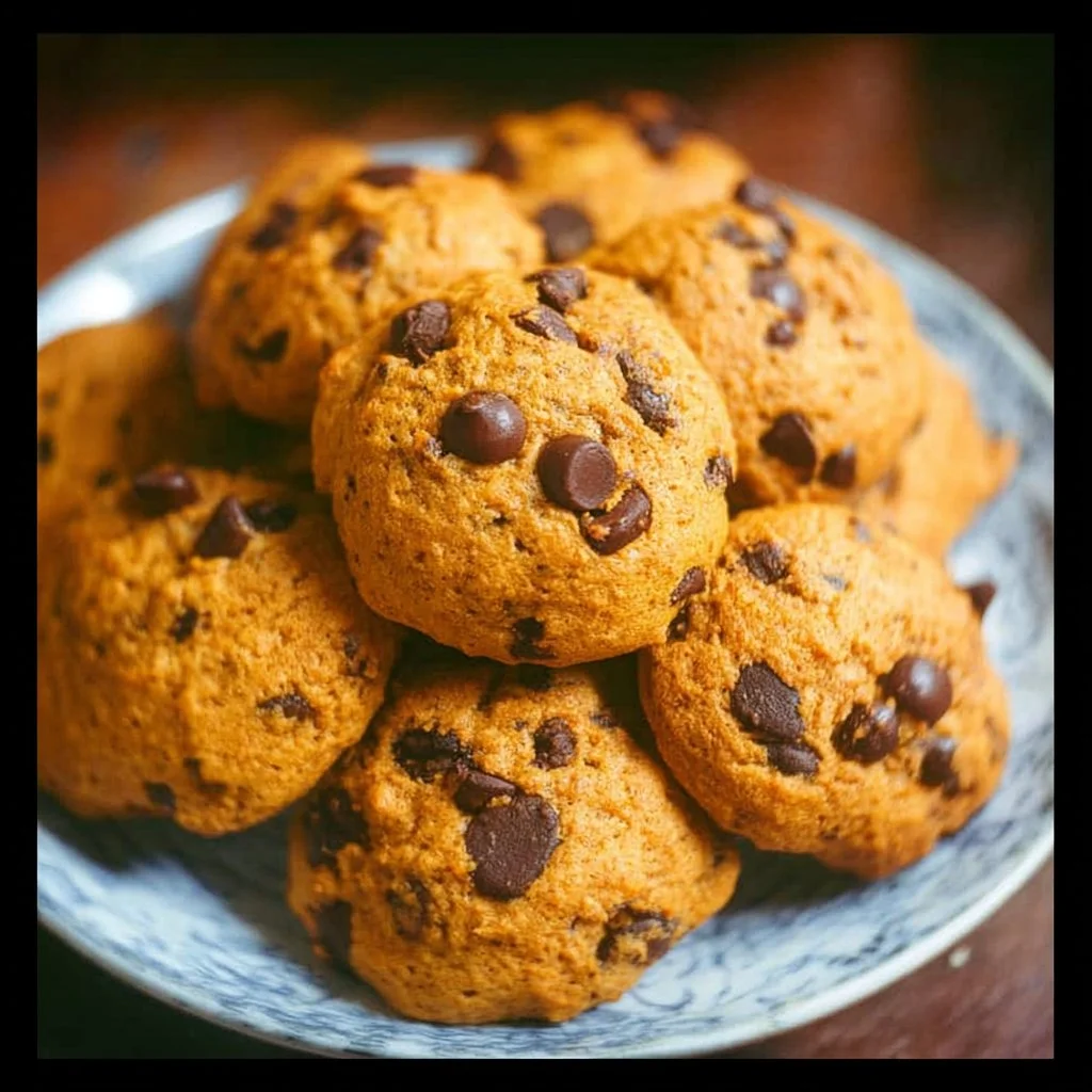 Freshly baked pumpkin chocolate chip cookies on a wooden table.