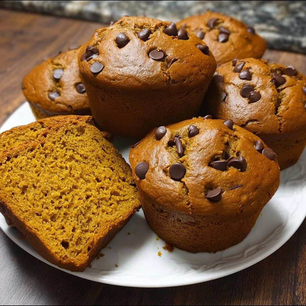Pumpkin chocolate chip muffins fresh out of the oven with a sprinkle of chocolate chips.
