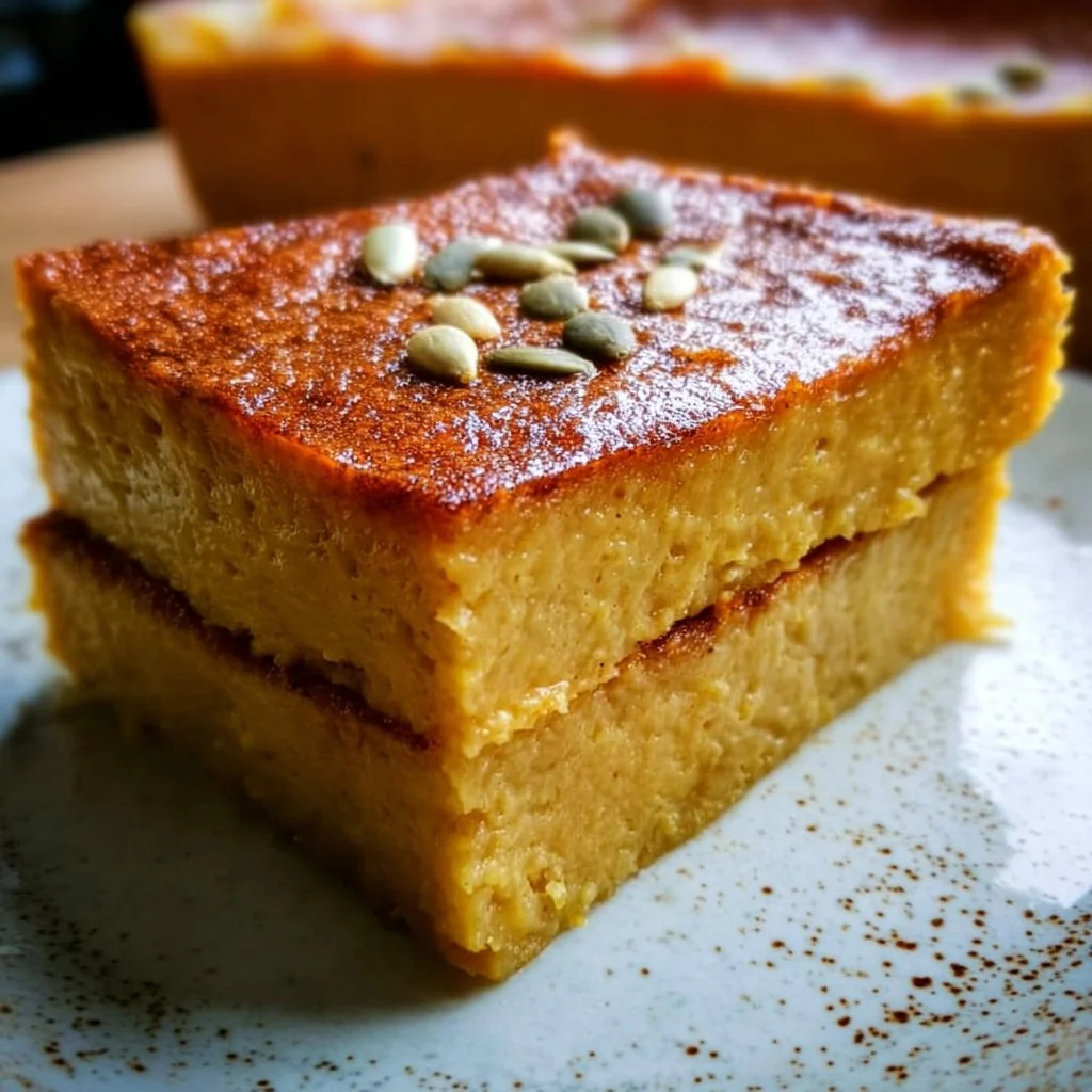 Delicious Pumpkin Magic Custard Cake with layers of custard and pumpkin puree