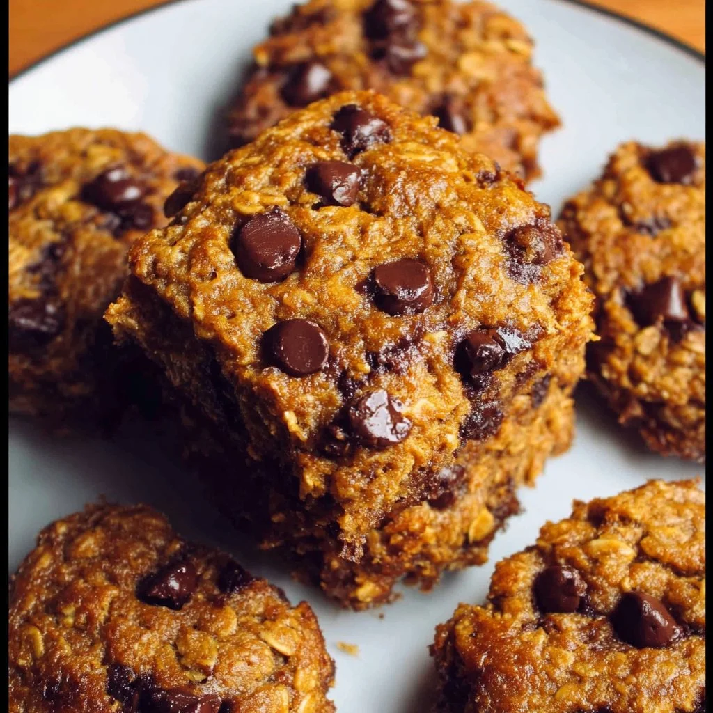 Delicious pumpkin oatmeal chocolate chip bars on a rustic table.