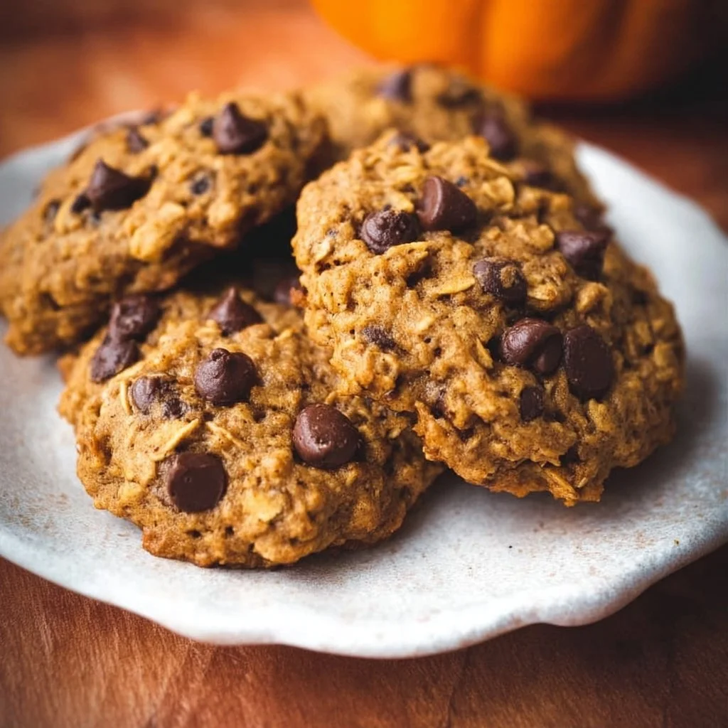 Delicious pumpkin oatmeal chocolate chip cookies on a rustic wooden table
