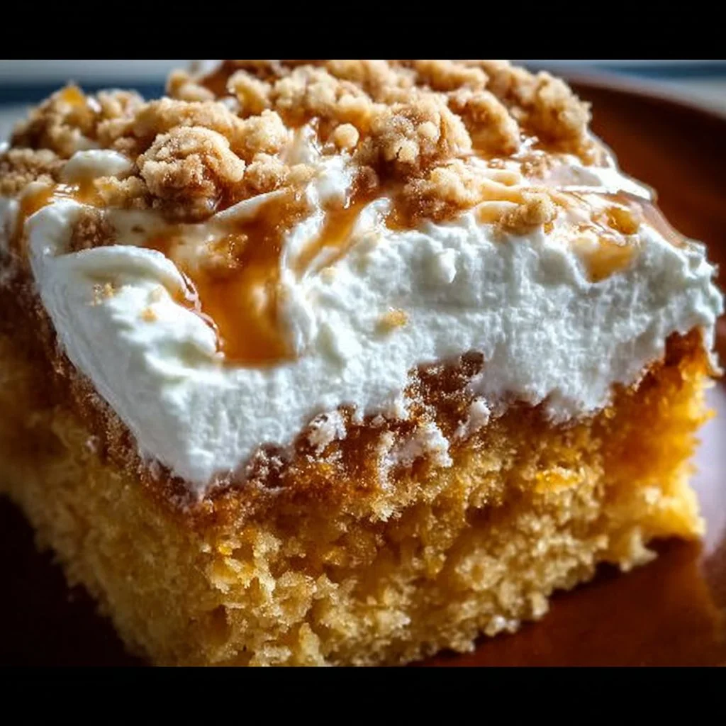 Delicious Pumpkin Poke Cake topped with creamy frosting and pumpkin spice.