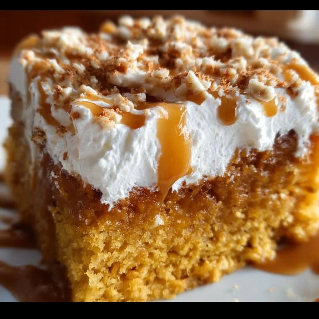 Delicious Pumpkin Poke Cake topped with whipped cream and pumpkin spice