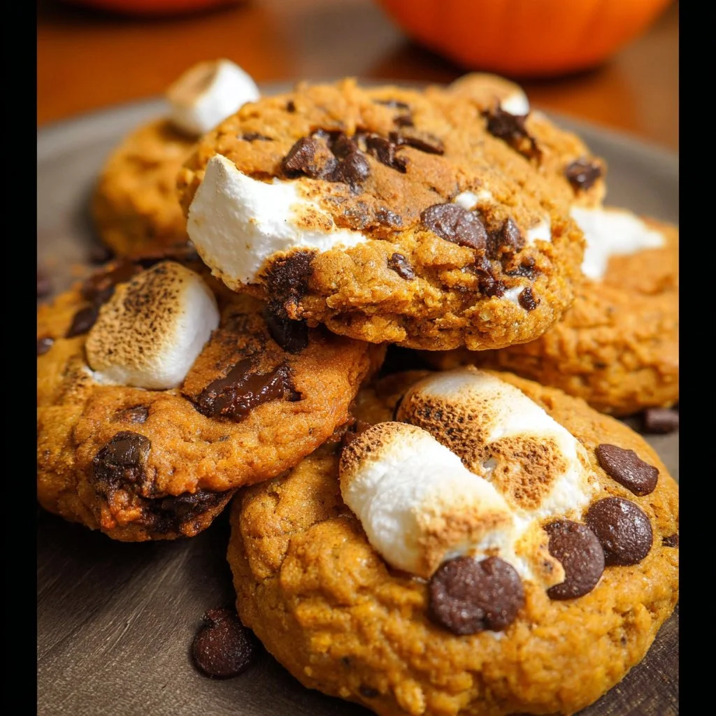 Delicious Pumpkin S'mores Cookies with chocolate and marshmallows on a plate