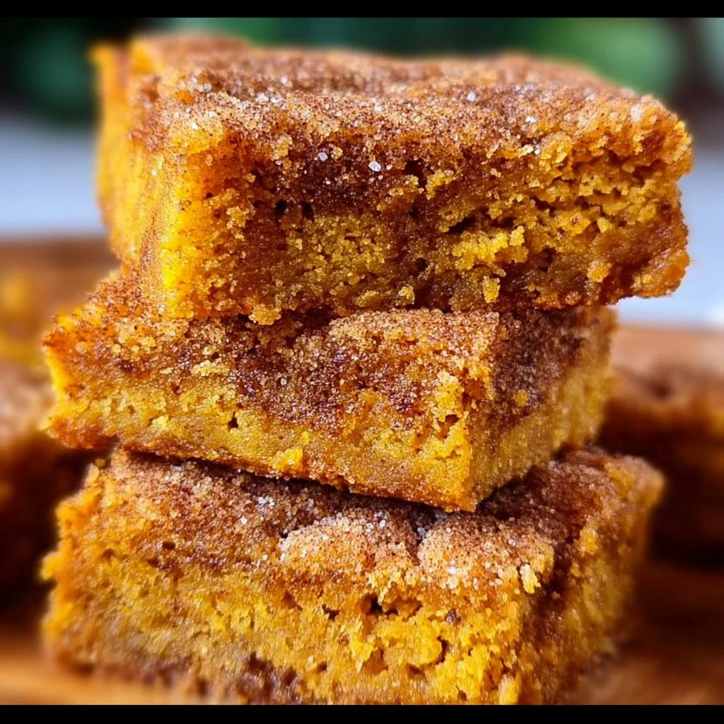 Delicious Pumpkin Snickerdoodle Bars on a plate, garnished with cinnamon.