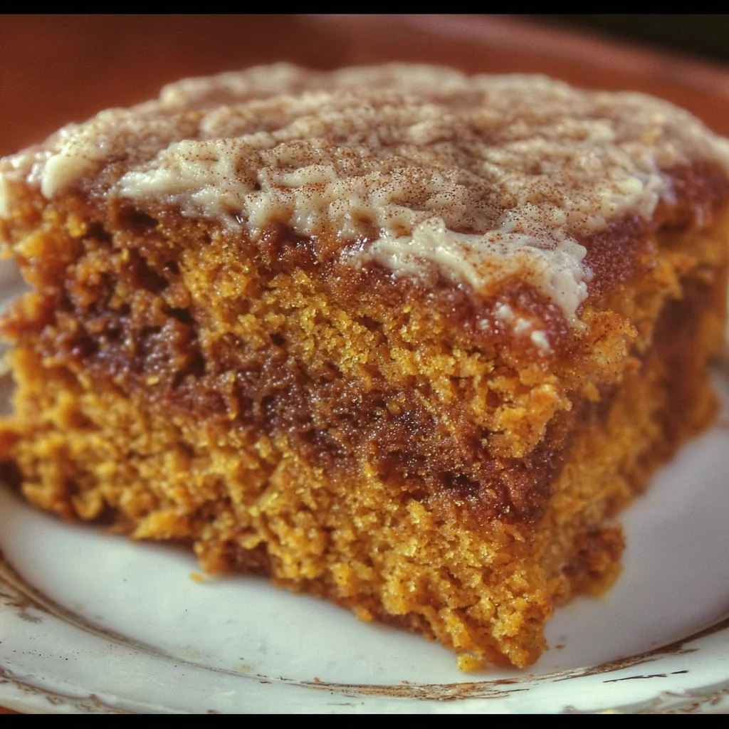 Delicious homemade Pumpkin Spice Cake with cream frosting and autumn spices