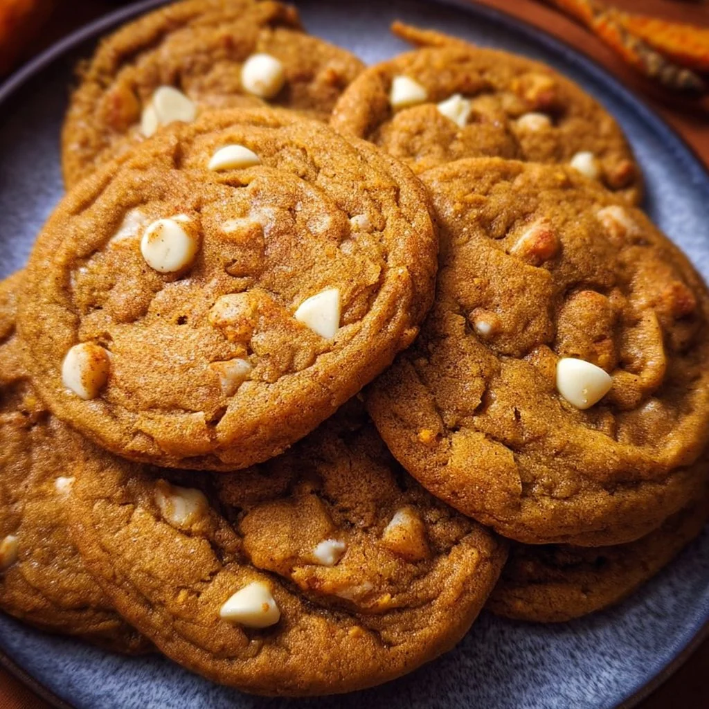 Freshly baked Pumpkin White Chocolate Chip Cookies stacked on a plate