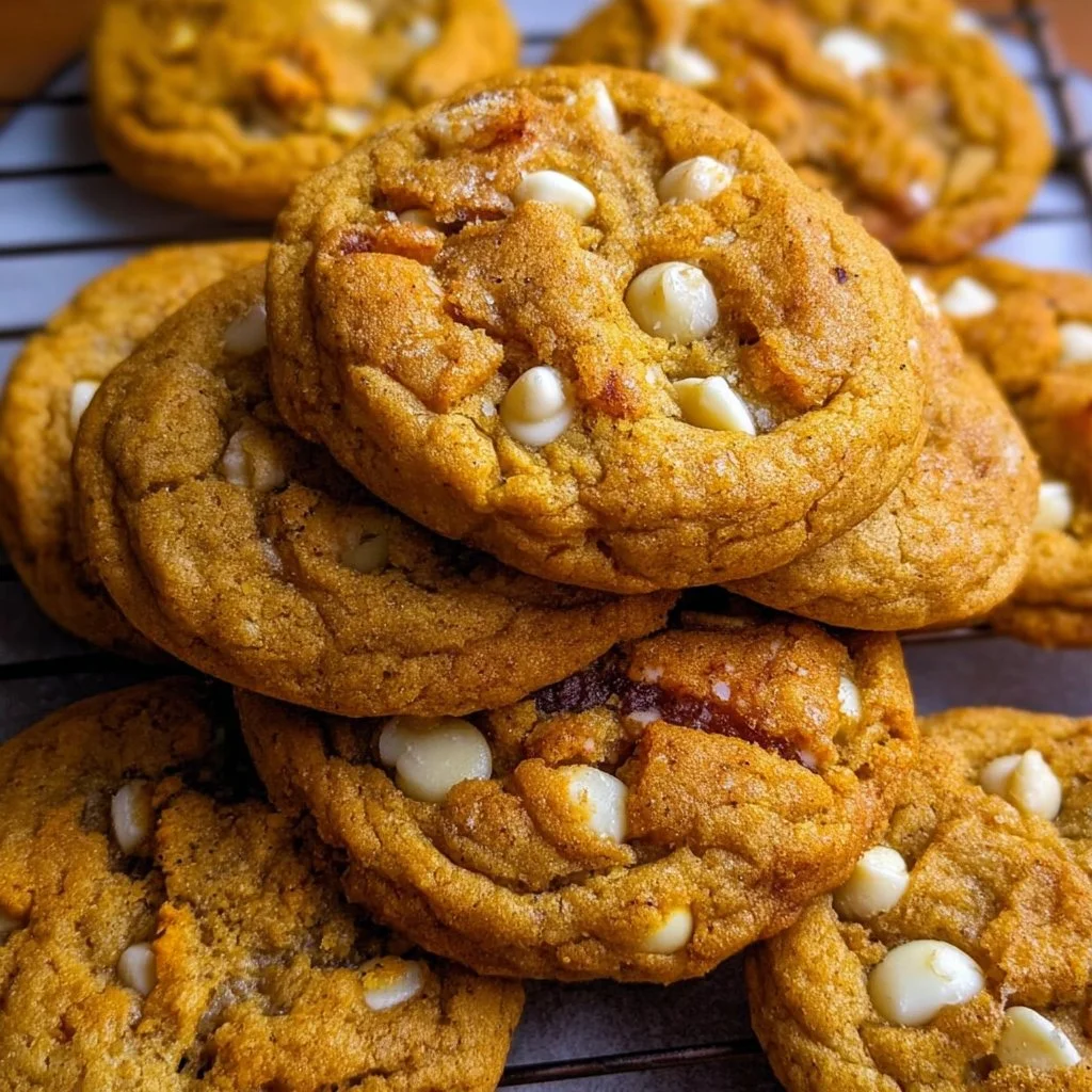 Deliciously baked Pumpkin White Chocolate Cookies on a plate.