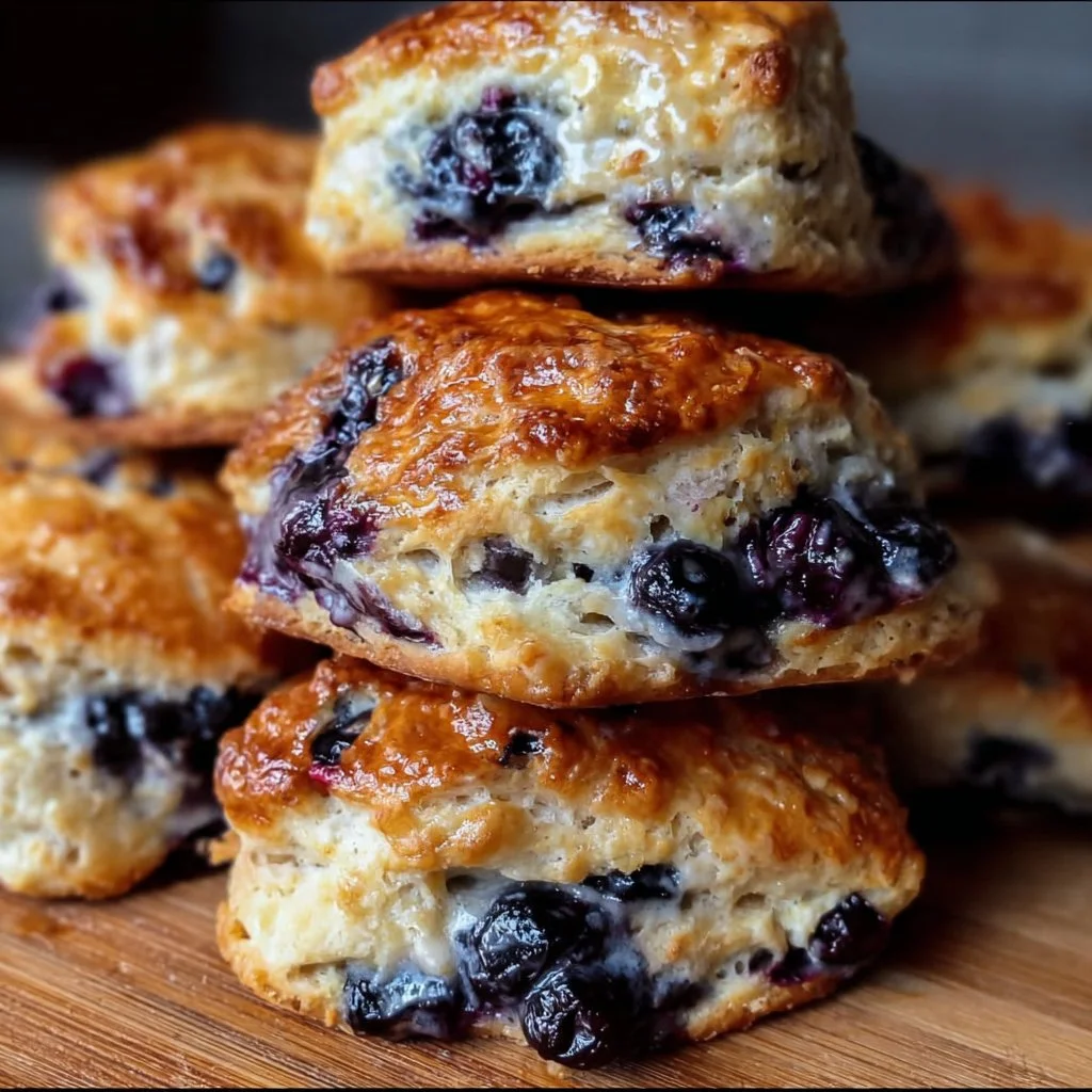 Homemade quick blueberry biscuits on a plate, fresh out of the oven.