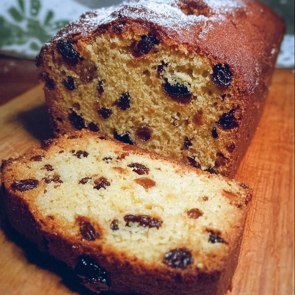Moist and delicious raisin loaf cake topped with a dusting of powdered sugar