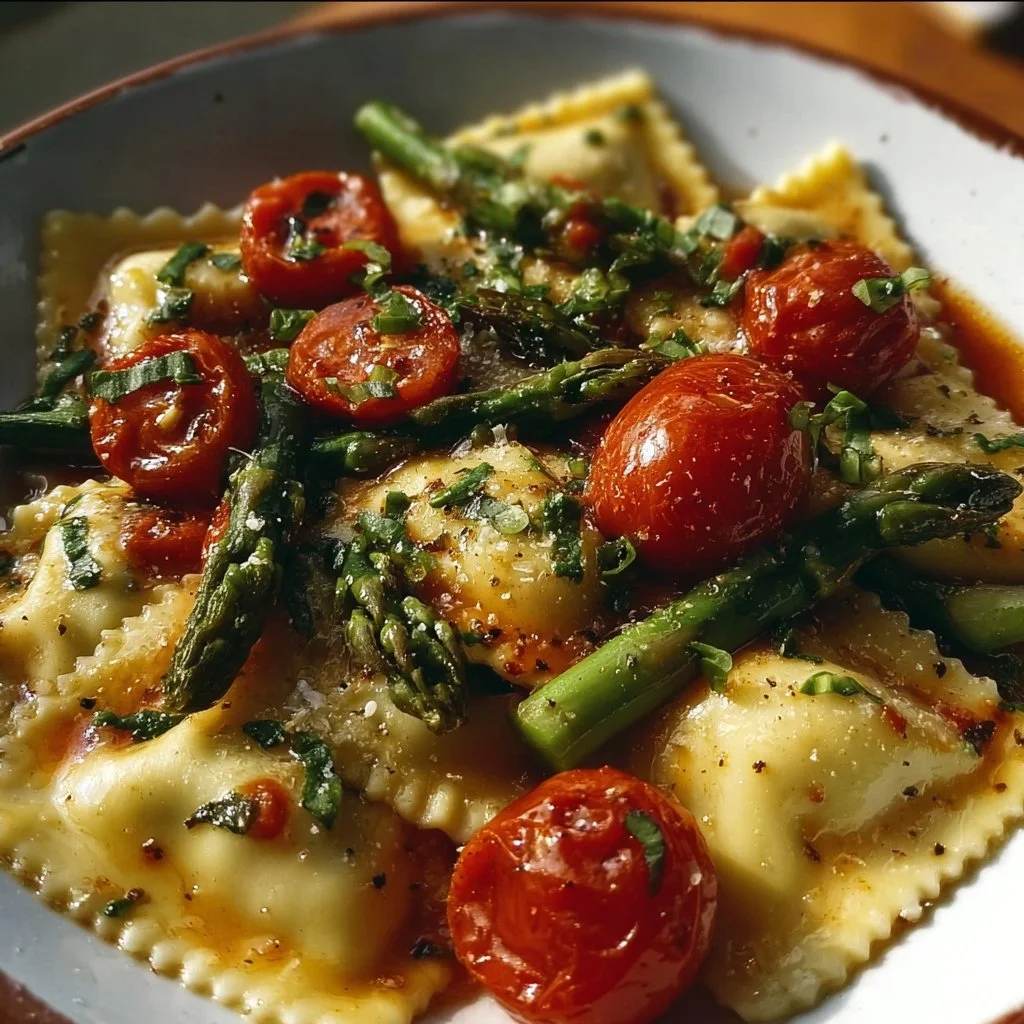 Plate of ravioli topped with tomatoes, asparagus, garlic, and herbs