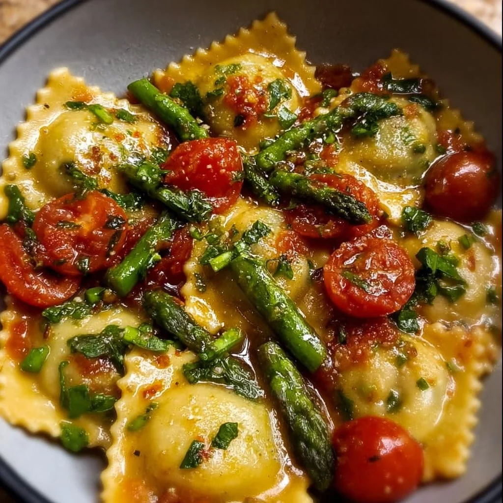 Ravioli with tomatoes, asparagus, garlic, and herbs served beautifully on a plate.