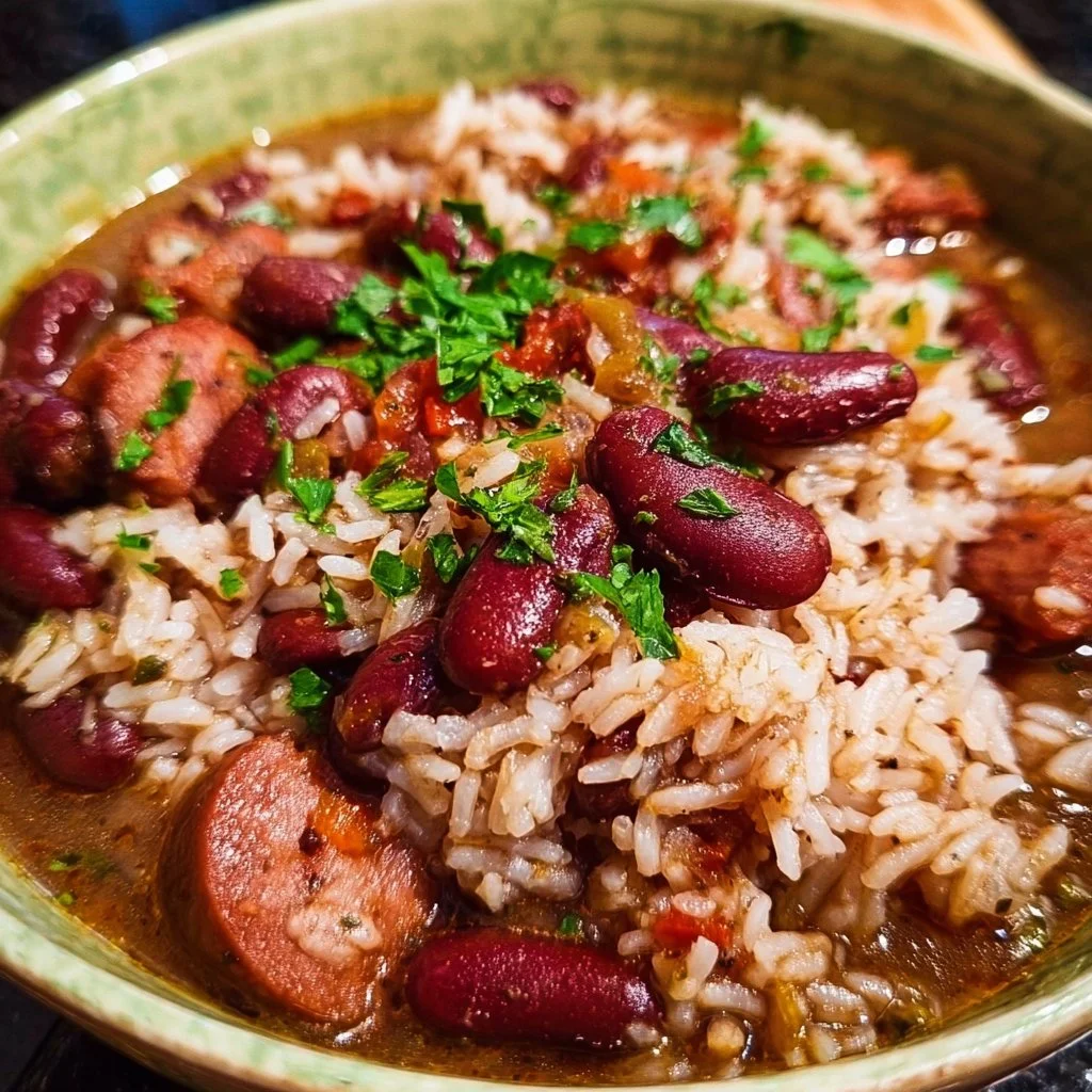 Delicious serving of red beans and rice garnished with herbs