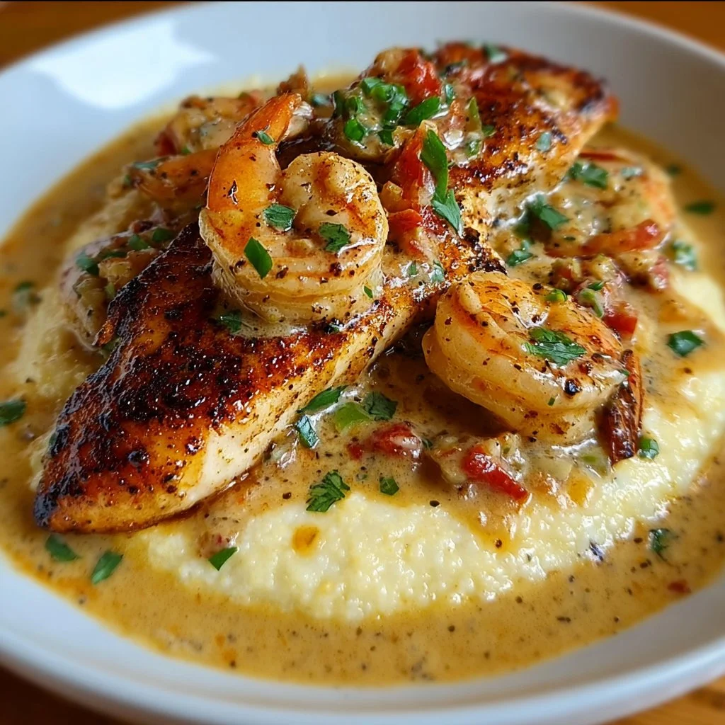 Red Snapper, Shrimp and Grits served with Cajun Cream Sauce