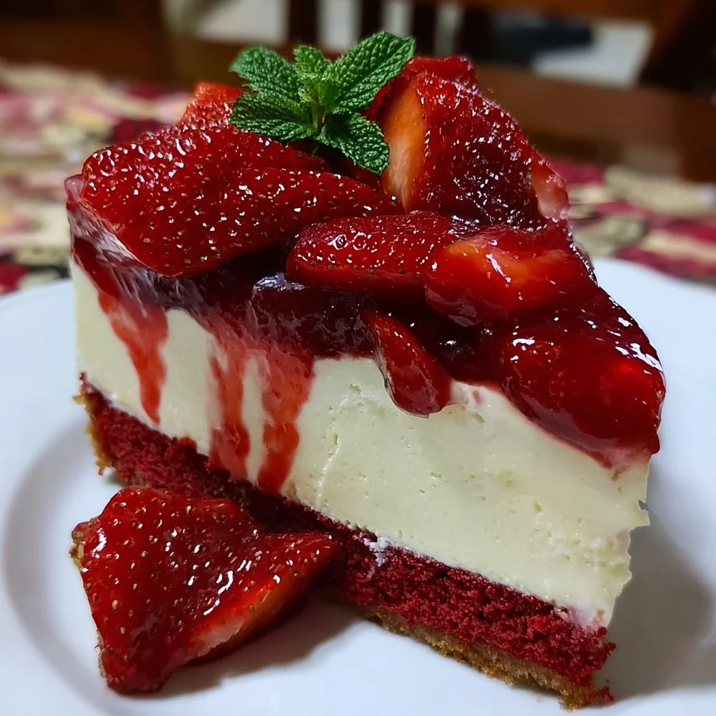 Red Velvet Strawberry Cheesecake with fresh strawberries and whipped cream topping
