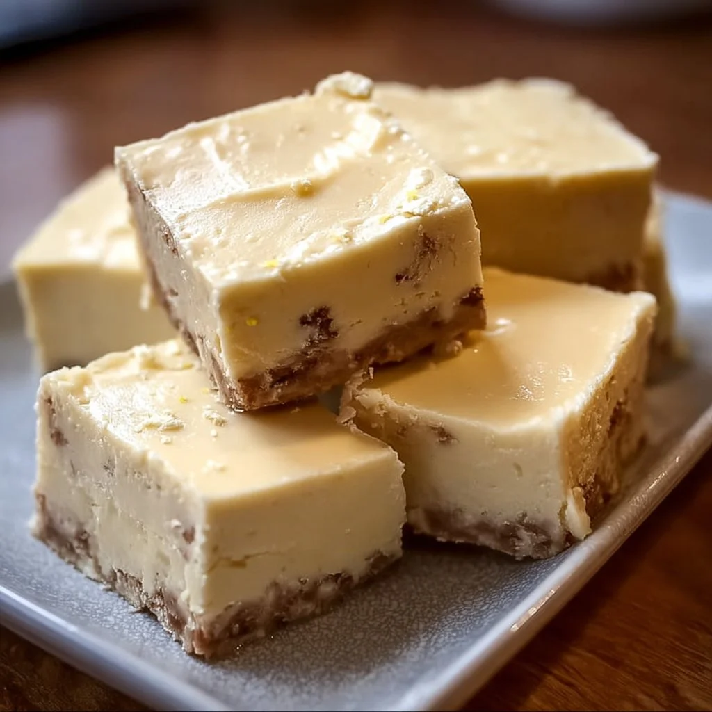 Delicious rich and creamy cheesecake fudge dessert on a plate