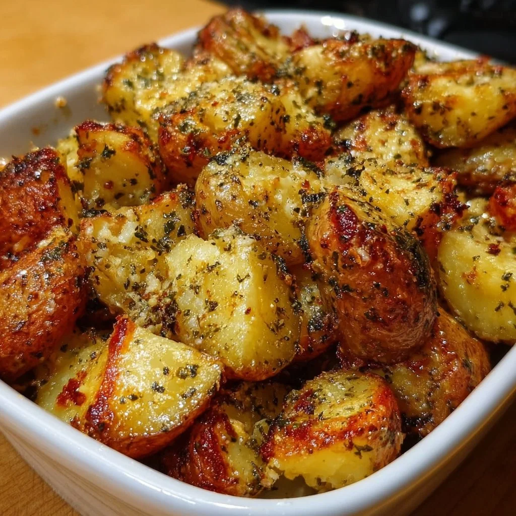 Roasted garlic butter parmesan potatoes garnished with fresh herbs.