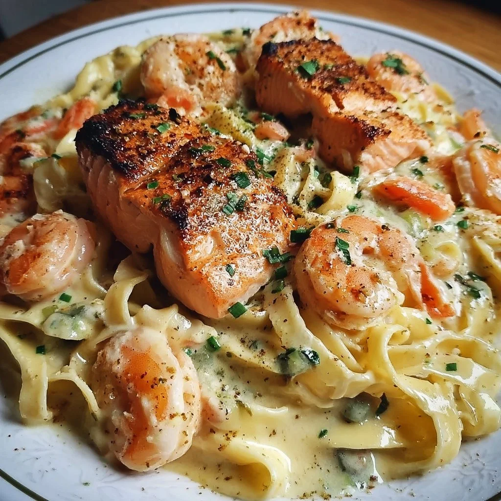 Delicious Salmon and Shrimp Alfredo served with fettuccine pasta