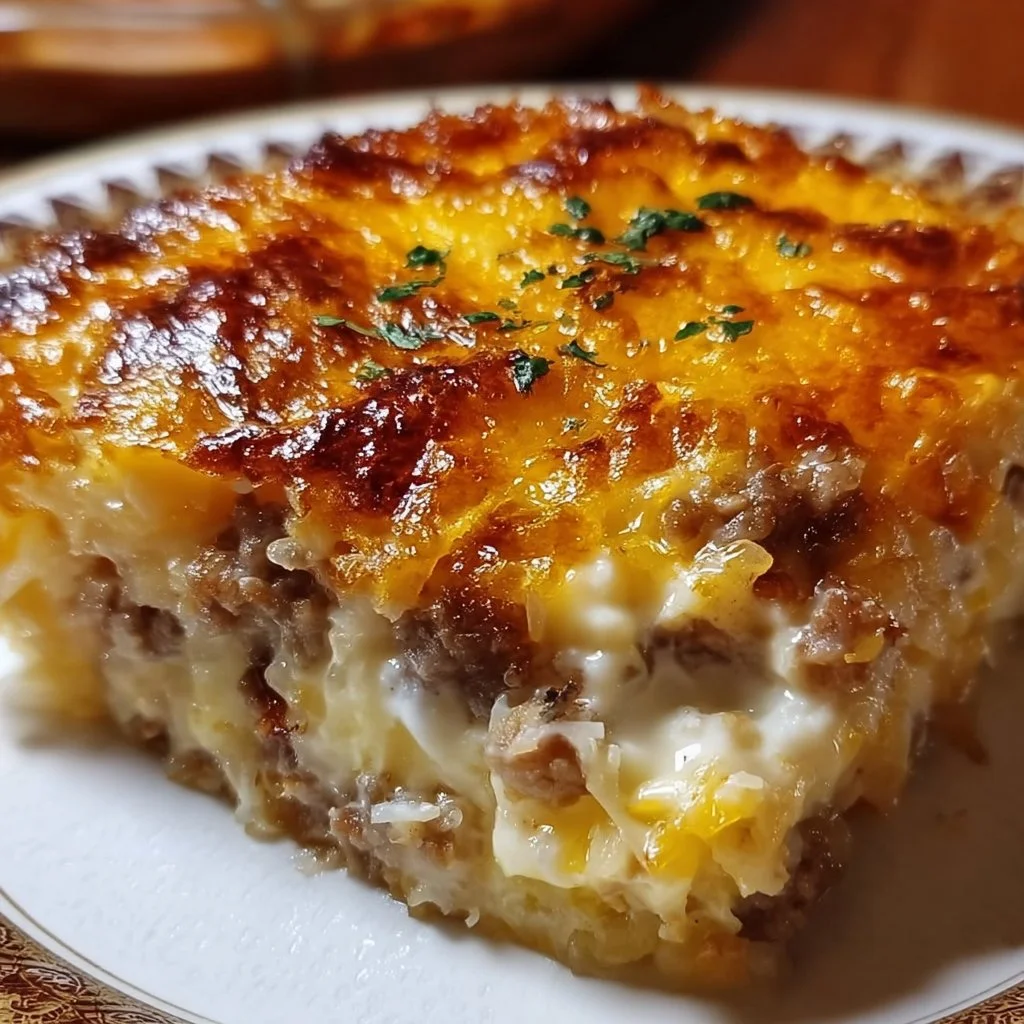 Sausage, Egg, and Cream Cheese Hashbrown Casserole served in a dish