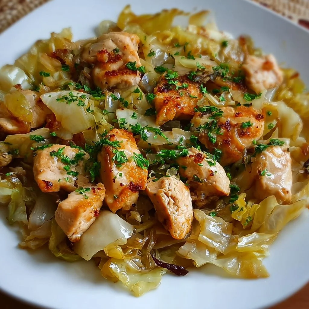 Sautéed garlic cabbage with tender chicken served on a plate