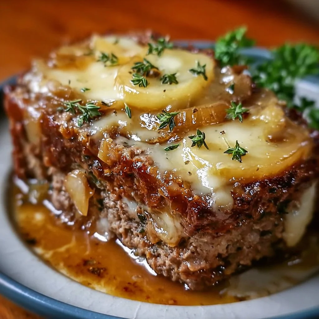 Savory French Onion Meatloaf topped with melted Swiss cheese cooked in a crockpot.