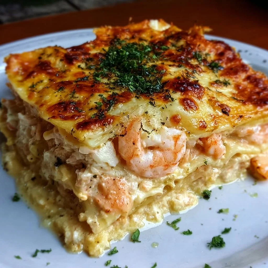 Delicious Seafood Lasagna layered with shrimp and crab, served hot.