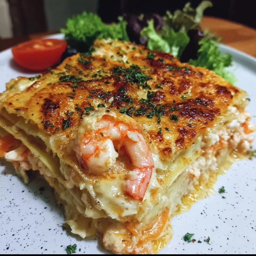 Delicious seafood lasagna featuring shrimp and crab layers
