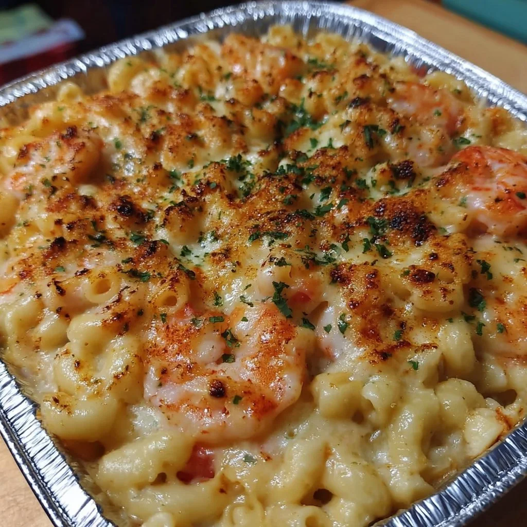 Delicious Seafood Mac and Cheese topped with seafood and golden cheese crust.