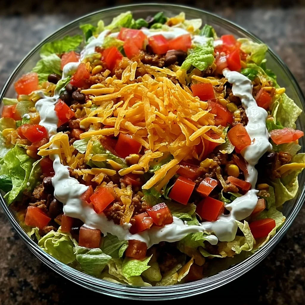 Delicious Seven-Layer Taco Salad with fresh ingredients and vibrant colors