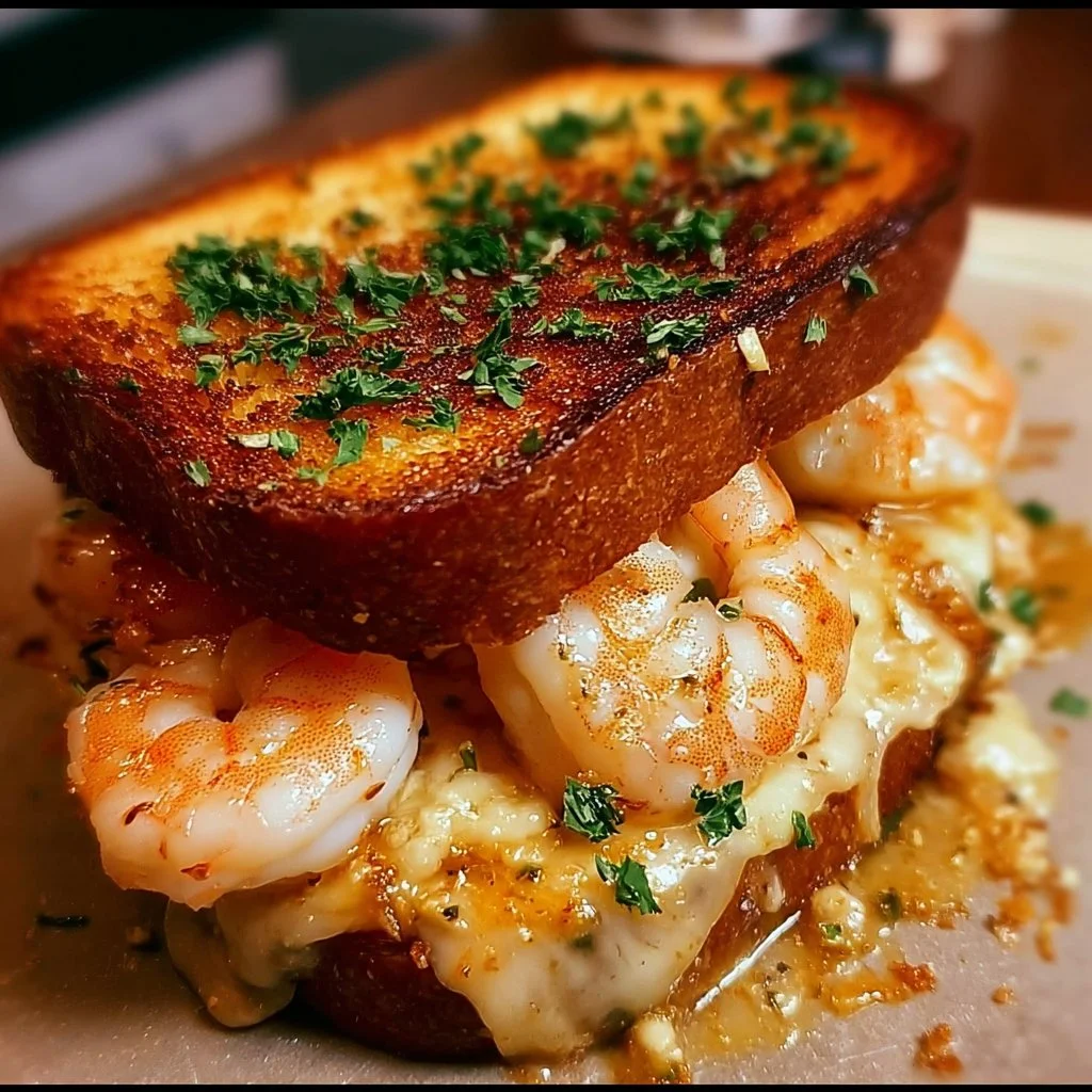 Shrimp-stuffed grilled cheese sandwich with garlic bread on a plate
