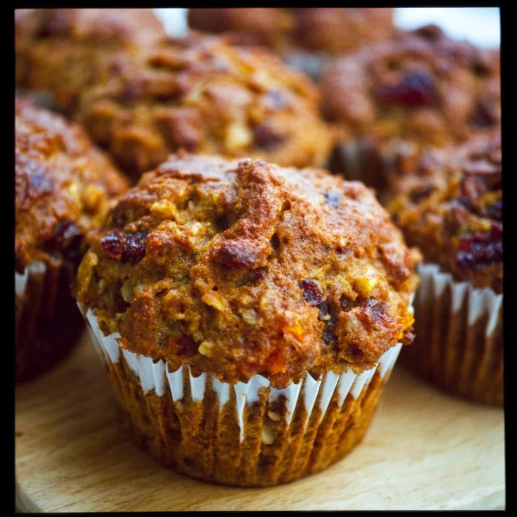 Freshly baked morning glory muffins with nuts, fruits, and spices.