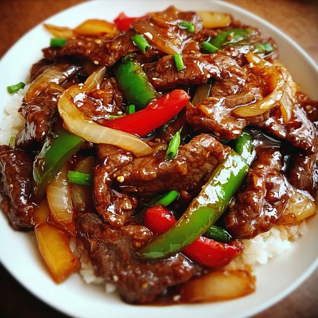 Delicious Chinese pepper steak with onions served hot on a sizzling plate