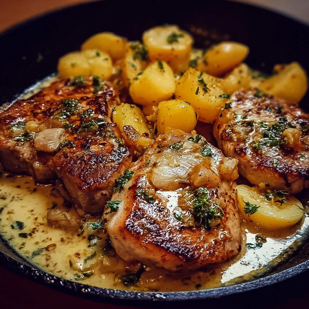 Sizzling pork chops in garlic butter served with creamy potatoes