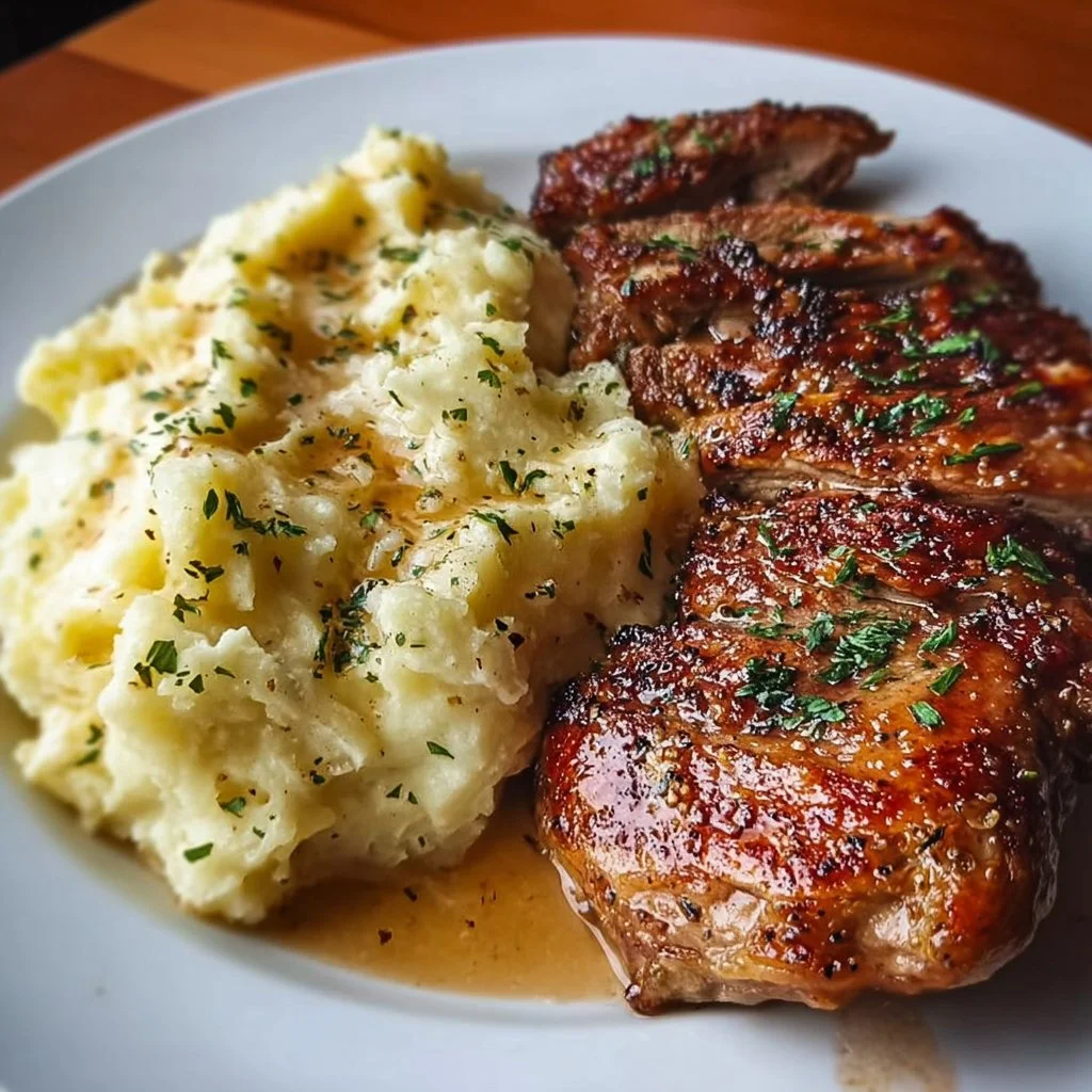 Slow-cooked garlic butter chicken served with ribeye and Parmesan mashed potatoes.