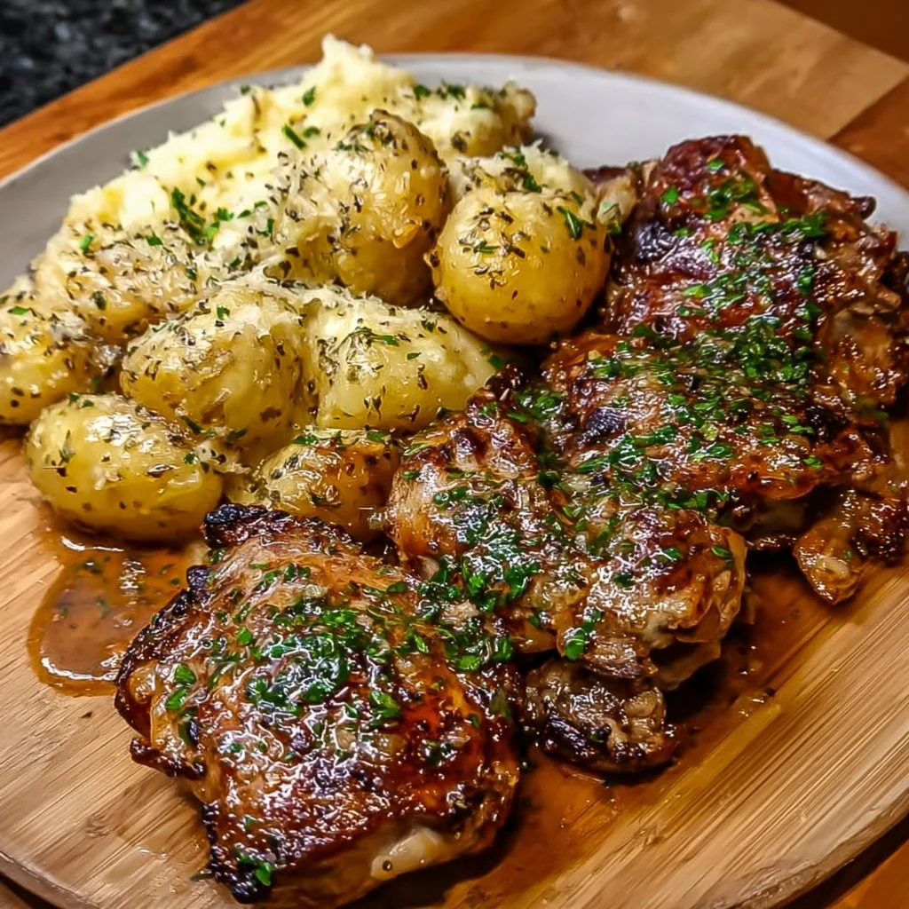 Slow-cooked garlic butter chicken with ribeye and Parmesan potatoes dish